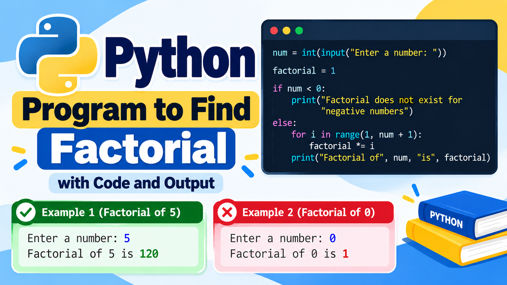 Python program to find factorial with code and output