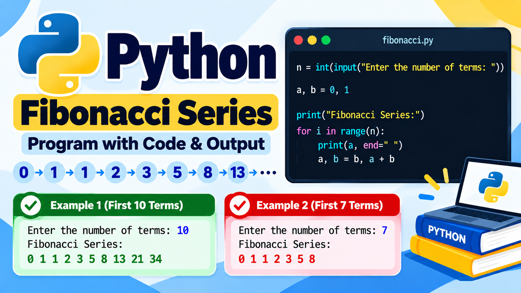 Fibonacci series program in Python with code and output examples